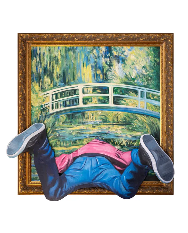 “Dive In”, mixed media painting by Hijack artist from LA. Available at Carousel Fine Art Atlanta. The artist’s technique, using oil and spray paint, is a revelation in street art. He has crafted a persona inspired by the spirit of music and the poetry of everyday moments, creating colorful and meaningful perspectives on life. Colors of this work : Blue, Pink, Brown, Green, Yellow, Gold, Grey, Black, White