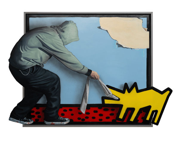 “Pawfect Imperfection”, mixed media painting by Hijack artist from LA. Available at Carousel Fine Art New Buffalo.