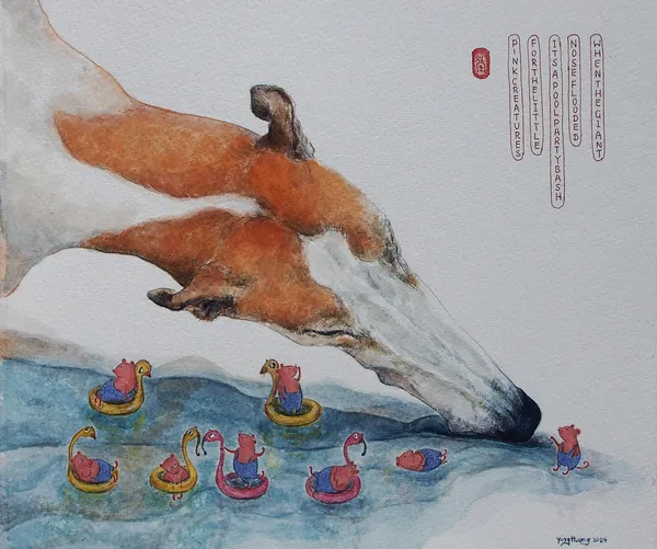 Ying Huang, When The Giant Nose Flooded, It Is A Pool Party Bash For The Little Pink Creatures, 2014