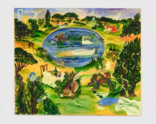 Andie Dinkin Pity Lake, 2026 Acrylic, gouache, ink, charcoal on canvas 34 x 40 inches (86.36 x 101.60 cm)