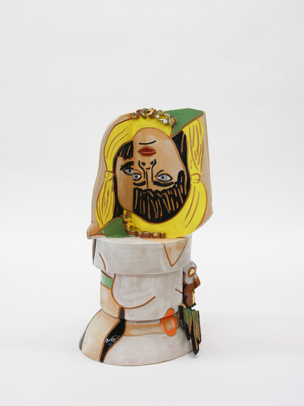 Bari Ziperstein A Girl in a Football Jersey with a bunch of Flowers, 2019 Terracotta, glaze, underglaze and luster 19 x 11 x 11 in (48.3 x 27.9 x 27.9 cm)