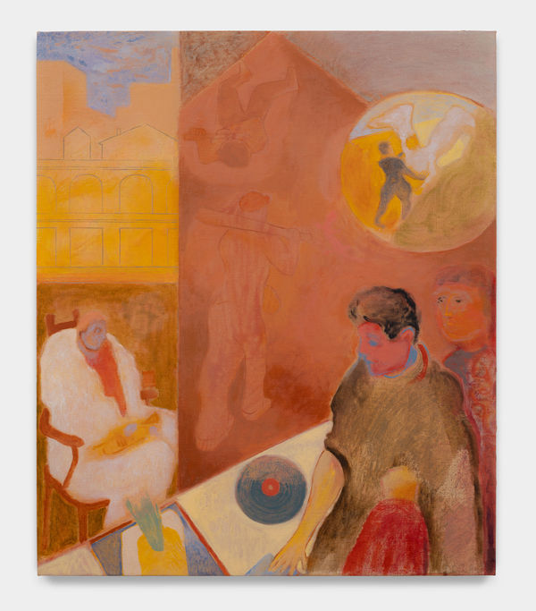 Sam Bornstein Union Square 1979 (Jacob Wrestling an Angel, Musicians, Fantasy Baseball), 2023 Oil and mixed media on linen 24 x 20 inches (61 x 50.8 cm)