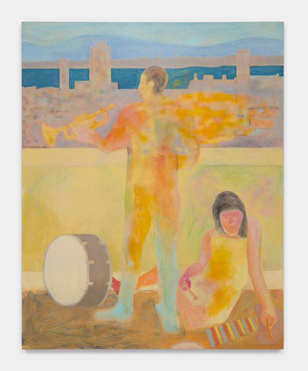 Sam Bornstein Metropolitan Rooftop (Dybbuk Icarus Family Band), 2023 Oil and mixed media on linen 60 x 48 inches (152.4 x 121.9 cm)