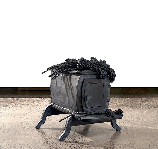 Valerie Hegarty Wood Stove with Two Dozen Black Roses (The Covid Diaries Series), 2021 Epoxy resin, acrylic paint, papier mâché, armature wire, foamcore 12 5/8 x 13 3/8 x 10 1/4 inches (32.1 x 34 x 26 cm)