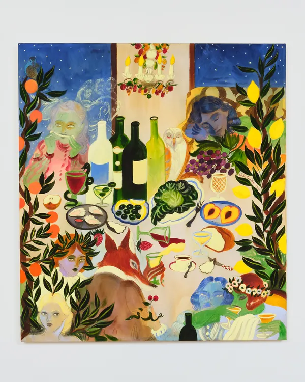 Andie Dinkin A Long Feast, 2026 Acrylic, gouache, ink, charcoal on canvas 40 x 36 inches (101.60 x 91.44 cm)