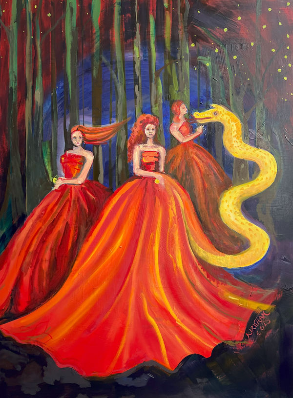 Guarding Hera's Orchard, 2025 Oil on Wooden Panel 90x120cm