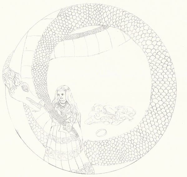 Anglo Saxon Princess and a Dragon, 2021 Pencil on Mountboard, framed. 25x23