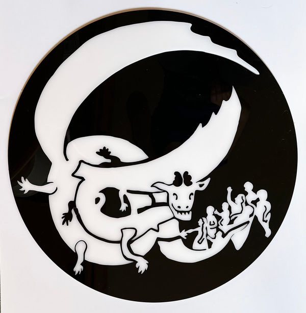 The children come (white on black), 2023 Acrylic Inlay 55.5x55cm (circle)