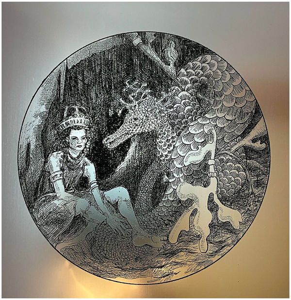 Andromeda and Dragon, laser engraving on brushed silver acrylic sheet, based on original hand drawing by Charlie Kirkham