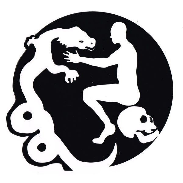 George, The Dragon and a Skull Stool (white on black), 2023 Acrylic Inlay 20x20cm