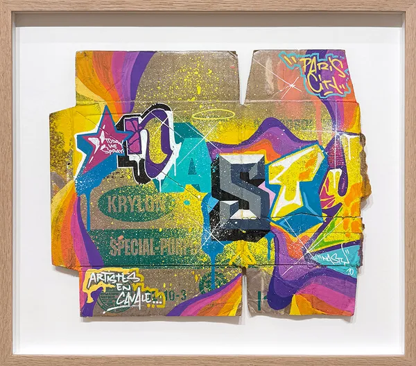 Krylon Sixpack I, 2020 Aérosol et marqueur sur ancien carton de bombes de la marque Krylon 39  x  33 cm  ; 45  x  50 cm format encadré