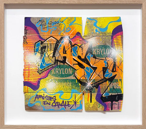 Krylon Sixpack III, 2020 Aérosol et marqueur sur ancien carton de bombes de la marque Krylon 39  x  33 cm  ; 45  x  50 cm format encadré