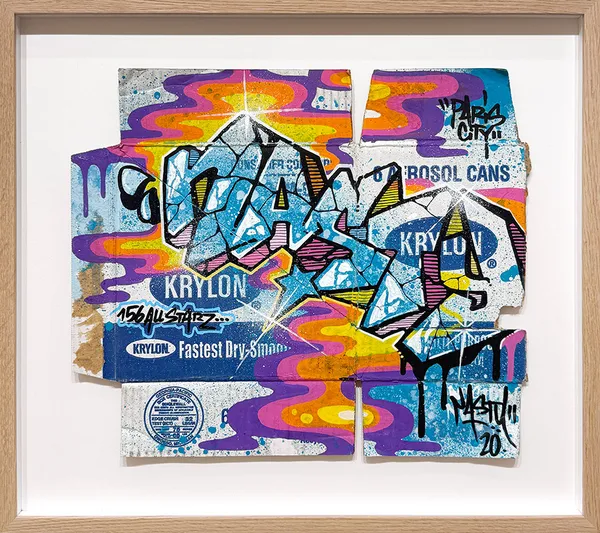 Krylon Sixpack II, 2020 Aérosol et marqueur sur ancien carton de bombes de la marque Krylon 39  x  33 cm  ; 45  x  50 cm format encadré