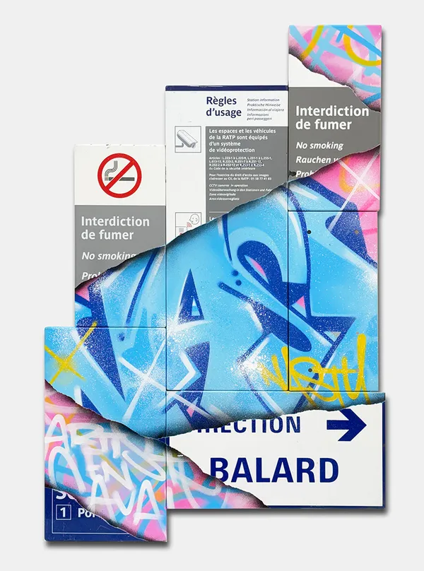 Correspondance(s) V, 2026 Peinture aérosol sur assemblage de plaques signalétiques du métro parisien 125 x 84 cm