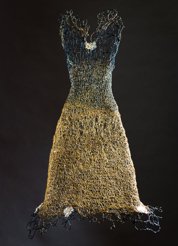 Susan Freda Azul Auro Woven Brass and Blue Copper Wire Dress with Cast Glass, Gold Leaf, Resin and Blue & Gold Metal 21 x 34 unframed
