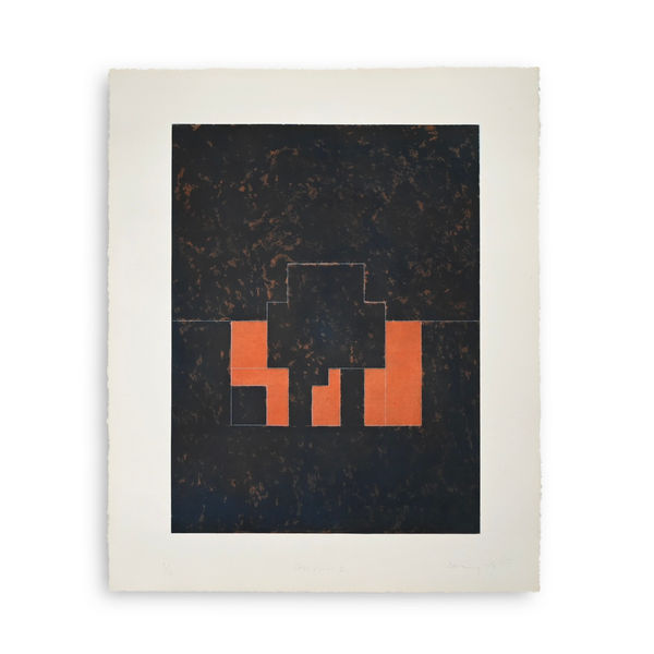 Vintage orange and black etching art print by Robyn Denny set against a white background