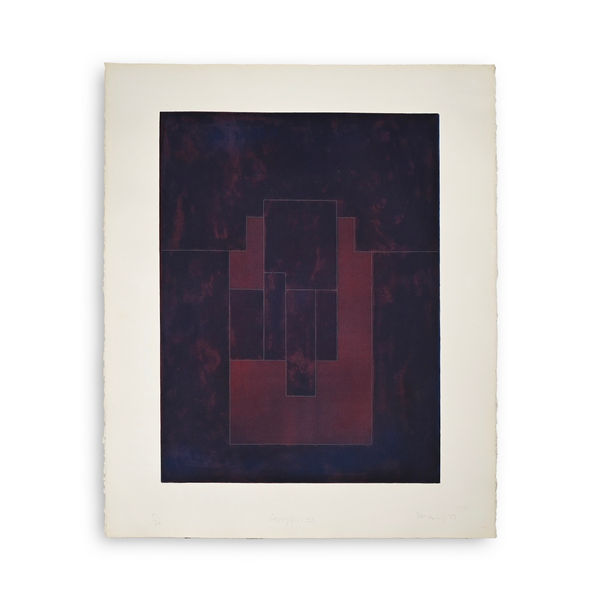 Vintage burgundy etching art print by artist Robyn Denny against white background