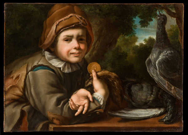 JUAN PEDRO PERALTA, Satirical portrait of a youth with a coin and bird game, 1747