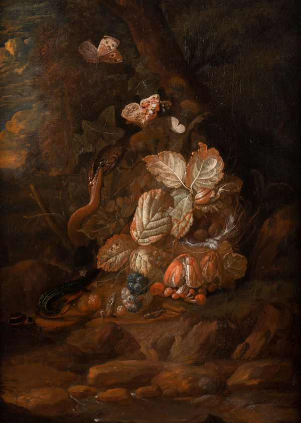 CARL WILHELM DE HAMILTON, A 'sottobosco' forest floor still life with a lizard, a snake, snails, a bird's nest and a beetle in front of a tree-covered landscape