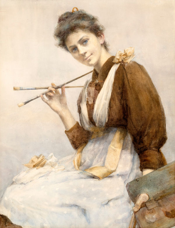 ENGLISH SCHOOL, CIRCA 1890, A three quarter portrait of young lady with palette and brushes, probably a self portrait