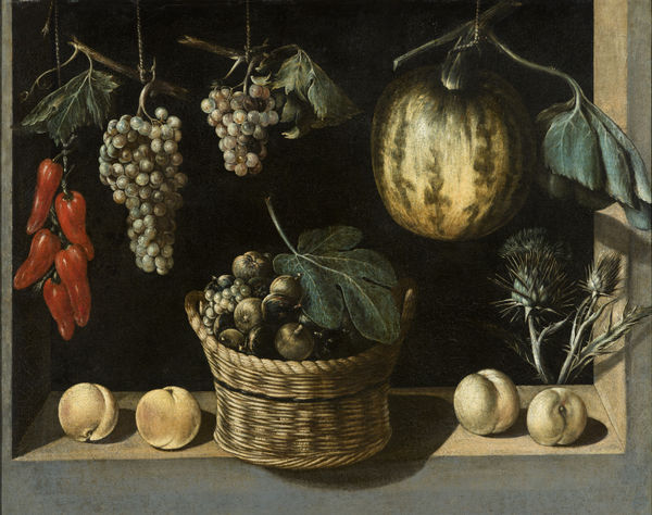 MASTER OF STIRLING-MAXWELL, Still life with basket of fruit, melon and grapes,, 1615–1625