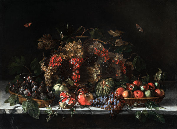 AGOSTINO VERROCCHI, Basket of grapes, apples, figs, pomegranates and a pumpkin on a stone ledge, c. 1630