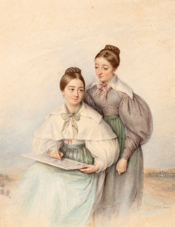 MARIE-MARGUERITE JASER, Two young women in a landscape, one sketching, c. 1835