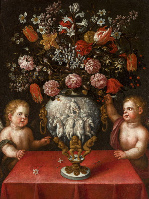 TOMÁS HIEPES, Still life of flowers in a sculpted vase with two putti on a red draped table
