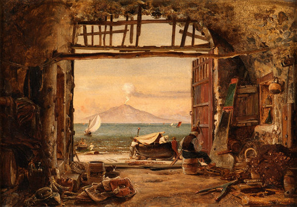 EDWARD WILLIAM COOKE, Vesuvius, seen from within a fisherman's workshop in Castellammare di Stabia
