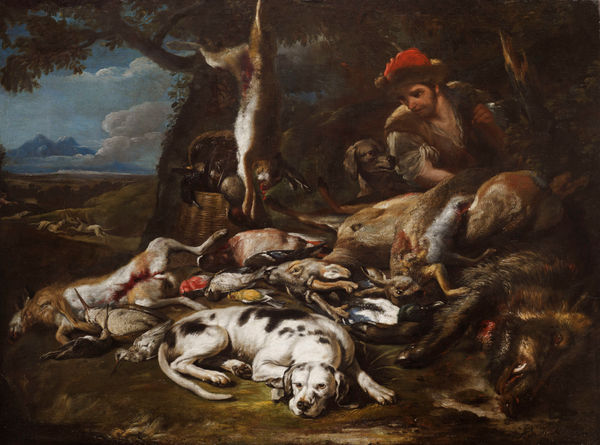 BALDASSARE DE CARO, A Spotted Hound and a Hunter with a Gun with a dead Boar, a Deer, Hares and Birds by a Basket at the Edge of a Wood, a Staghunt and a View of the Bay of Naples and Mount Vesuvius beyond