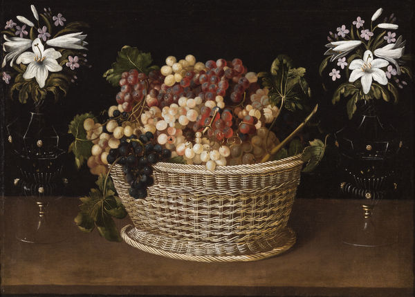 TOMÁS HIEPES, Still life with a basket of grapes and two glass vases with flowers
