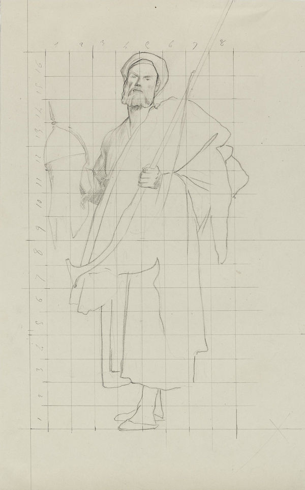 JEAN-LÉON GÉRÔME A merchant carrying a rifle, helmet and fabrics, study for Marchand ambulant au Caire