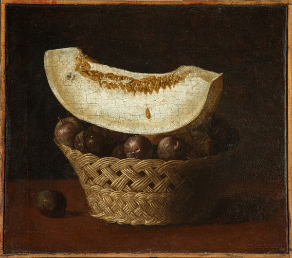 JUAN DE ZURBARÁN, Basket of plums and slice of melon, 1640-1650