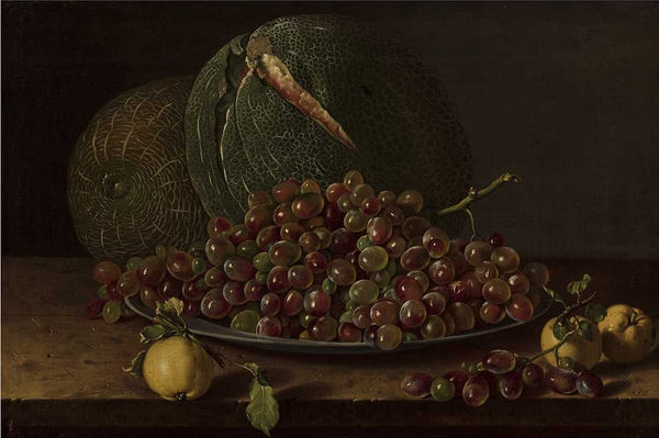 LUIS EGIDIO MELENDEZ, Still life with a plate of grapes, melons, and apples, c. 1770