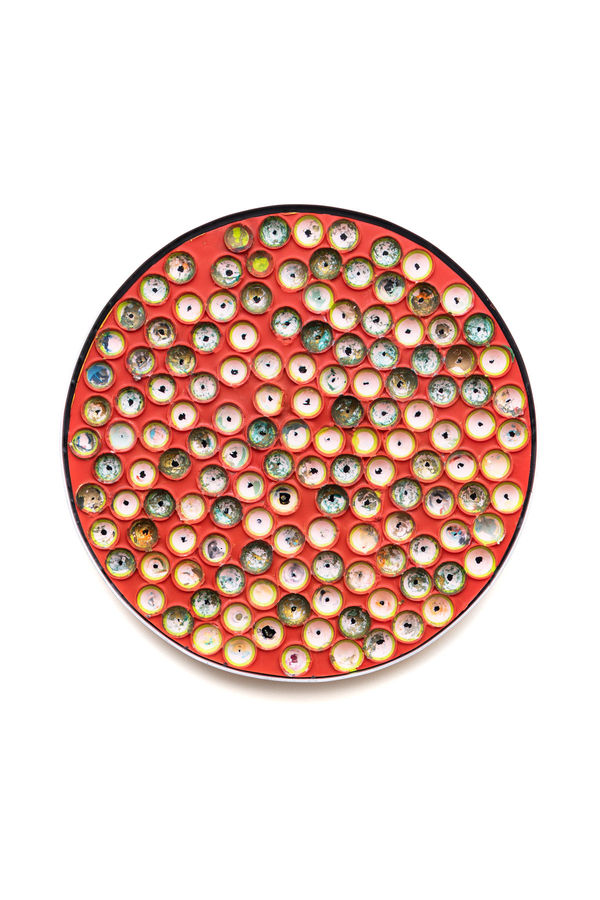 Jordan Azcune Rose Window 3, 2020 bees wax, pigment, aluminium composite board, aluminium, polymer adhesive, stainless steel, silicone 51 cm diameter 20 1/16 inches