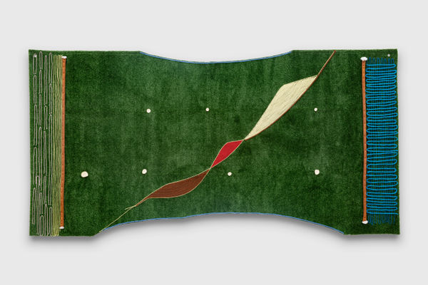 Teresa Baker Move In A Pattern, 2025 hide, yarn, AstroTurf 150 x 295 cm 60 x 118 1/2 in