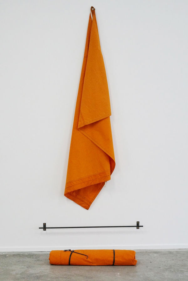 Joe Wilson & Chanelle Collier Flag & Swag #2, 2018 canvas, steel, brass, rubber 225 x 100 x 60 cm