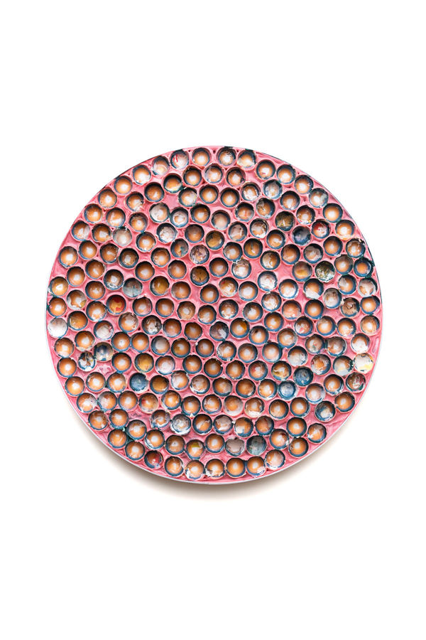 Jordan Azcune Rose Window 1, 2020 bees wax, pigment, aluminium composite board, aluminium, polymer adhesive, stainless steel, silicone bees wax, pigment, aluminium composite board, aluminium, polymer adhesive, stainless steel, silicone