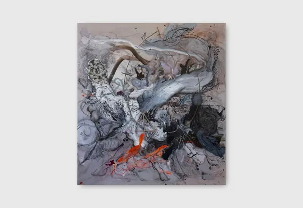 Nick Modrzewski Discipline and Punish and Lightly Feather, 2024 acrylic and charcoal on linen 220 x 200 cm 86 5/8 x 78 3/4 in