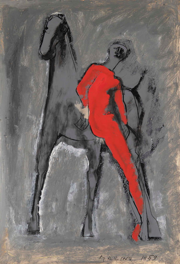 Marino Marini Horse and Equestrian in Red, 1953 Oil on paper 24 x 16 1/2 in, 61 x 42 cm Signed and dated 'Marini 1953' lower right