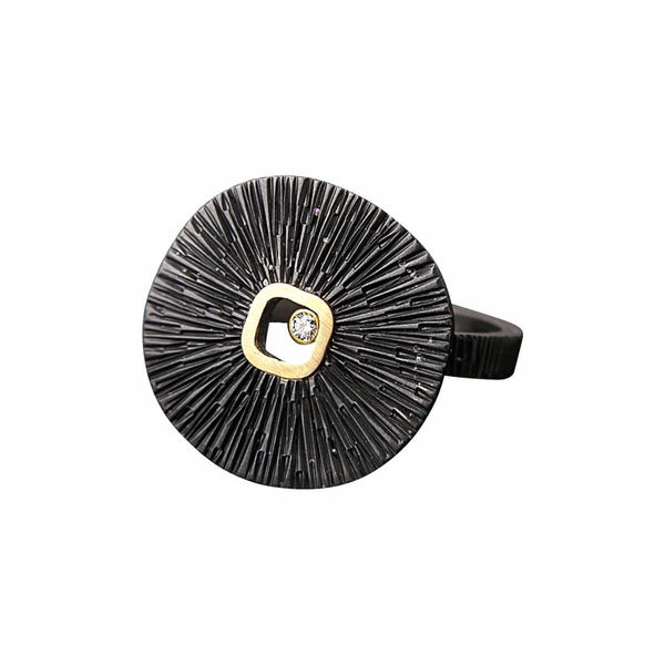 Susan Mahlstedt Oxidized Sand Dollar Ring, 2021 Oxidized sterling silver, .015 ct natural diamond, and 18k gold Sized: 6 1/2 - 7 1/2