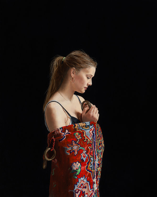 Charles Moxon, Girl in a Patterned Curtain , 2024