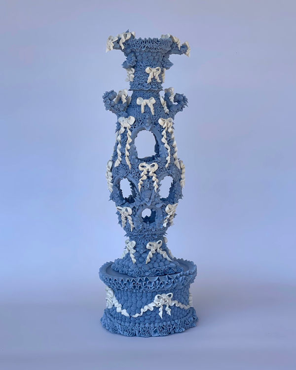 Ebony Russell, Superfluous: Perforated Urn with Ribbons on Furbelow Pedestal with Ribbons, 2023