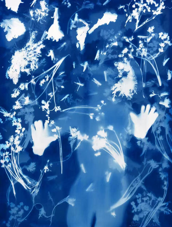 Zhang Dali Wild flowers, 2023 Cyanotype on cotton and oil 146 x 114 cm 57 1/2 x 44 7/8 in