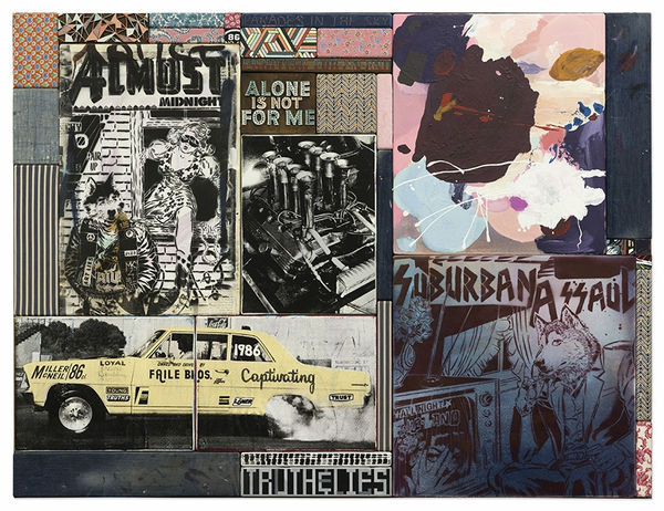 Faile Almost Alone, Truth and Lies Acrylic, spraypaint, silkscreen ink and fabric on wood, carved wood, steel frame 213 x 164 x 8 cm 84 x 64,5 x 3 in