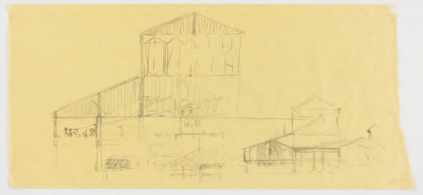 Louis I. Kahn Temple Beth El, Synagogue, Brewster, NY, 1966-72, built, Elevation studies, 1971 graphite on yellow tracing paper 18 x 38 in 45.7 x 96.5 cm