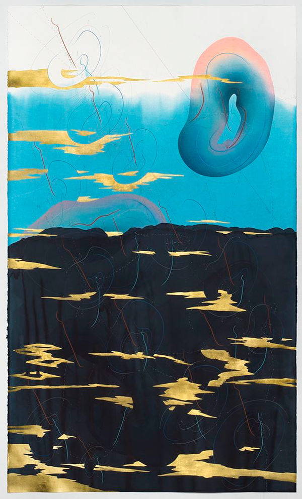 Jorinde Voigt Immersive Integral III, 2018 ink, India ink, gold leaf, pastels, oil chalks, pencil on paper 93 1/2 x 55 5/16 in (237.5 x 140.5 cm)