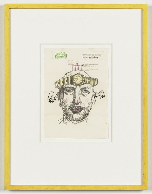 Martin Kippenberger Untitled (Hotel Hirschen), 1988 ink and colored pencil on hotel stationary in artist's frame 11 3/4 x 8 1/4 in 29.8 x 21 cm Frame: 24 x 18 ½ inches (61 x 47 cm)
