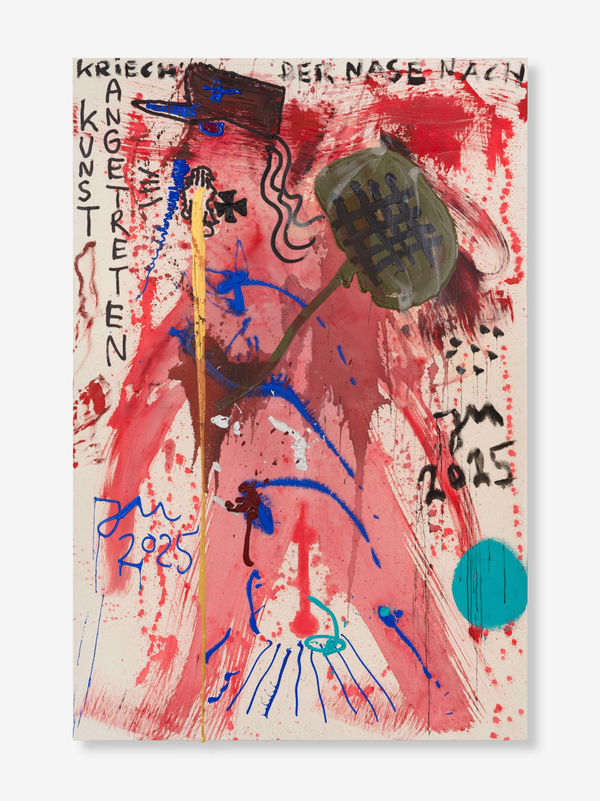 Jonathan Meese DER KUNST-RABAUKI MEESI !, 2025 oil and acrylic on coarse untreated cotton cloth 82 7/8 x 55 1/4 in (210.5 x 140.3 cm) framed: 83 3/4 x 56 1/8 in (212.7 x 142.6 cm)