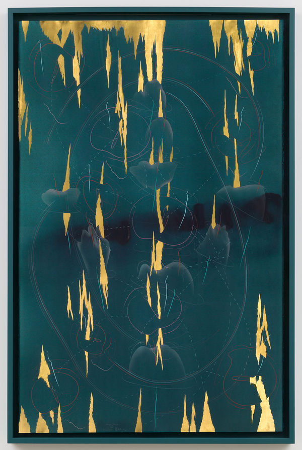 Jorinde Voigt Immersive Integral Zenith XVII, 2018 India ink, gold leaf, pastel, oil pastel, and graphite on paper in artist's frame 86 1/4 x 55 1/2 in (219 x 141 cm) framed: 92 x 60 x 4 in (233.7 x 152.4 x 10.2 cm)